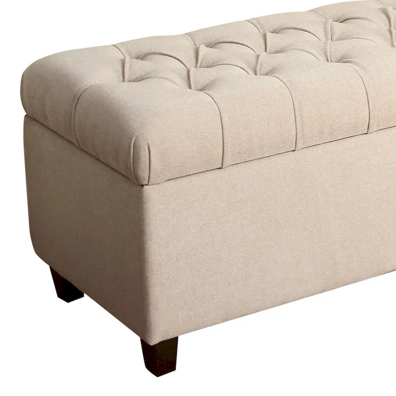 Fabric Upholstered Button Tufted Wooden Bench With Hinged Storage, Cream and Brown - 18 H x 40 W x 18 L Inches