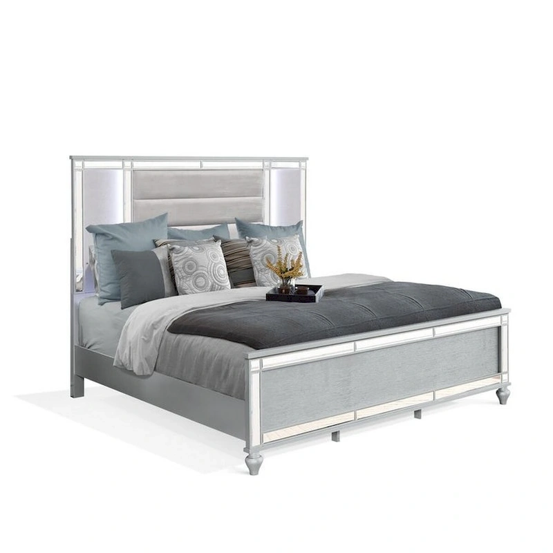 Lio Modern King Size Bed, LED, Mirror Trim, Silver Velvet Tufted Upholstery