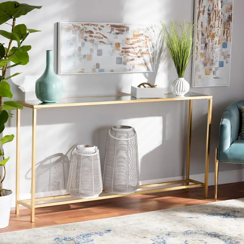 Alessa Gold Finished Metal and Mirrored Glass Console Table