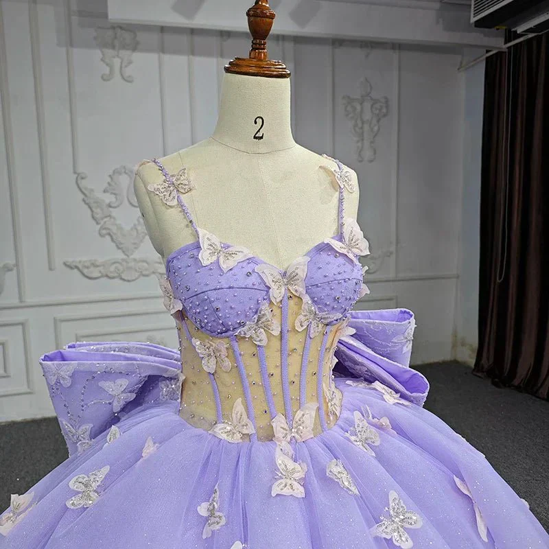 Spaghetti Straps Quinceanera Dresses Ball Gown with Butterfly Appliques and Bowknot