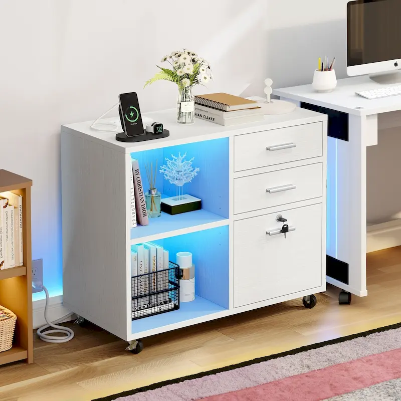 Brown Mobile Wood Lateral File Cabinet with Charging Station & Lock