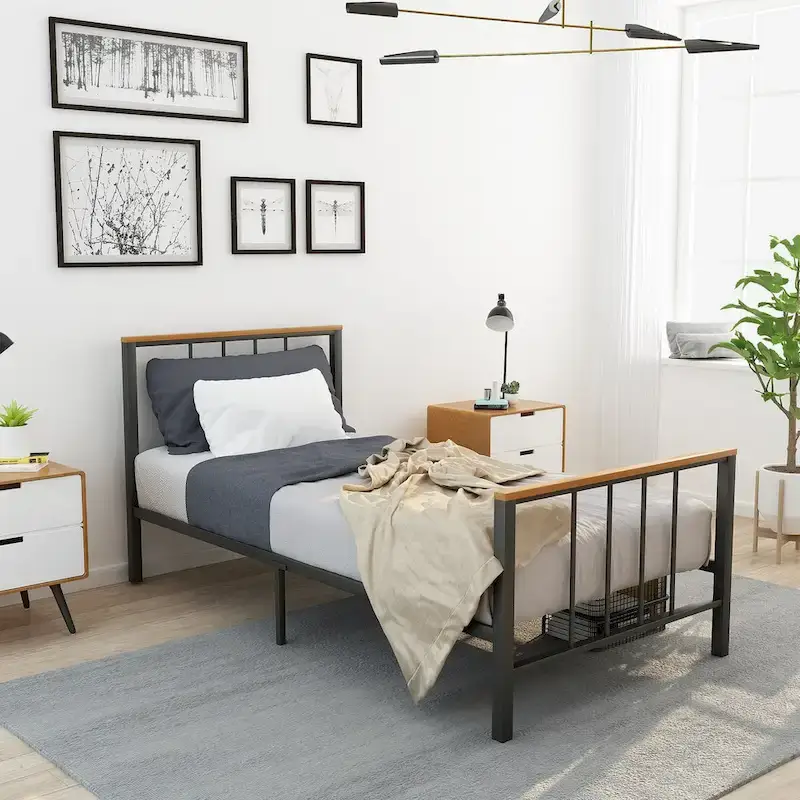 Black Metal Platform Bed Frame with Cross Headboard & Footboard, Twin/Full/Queen, 1-2 Person