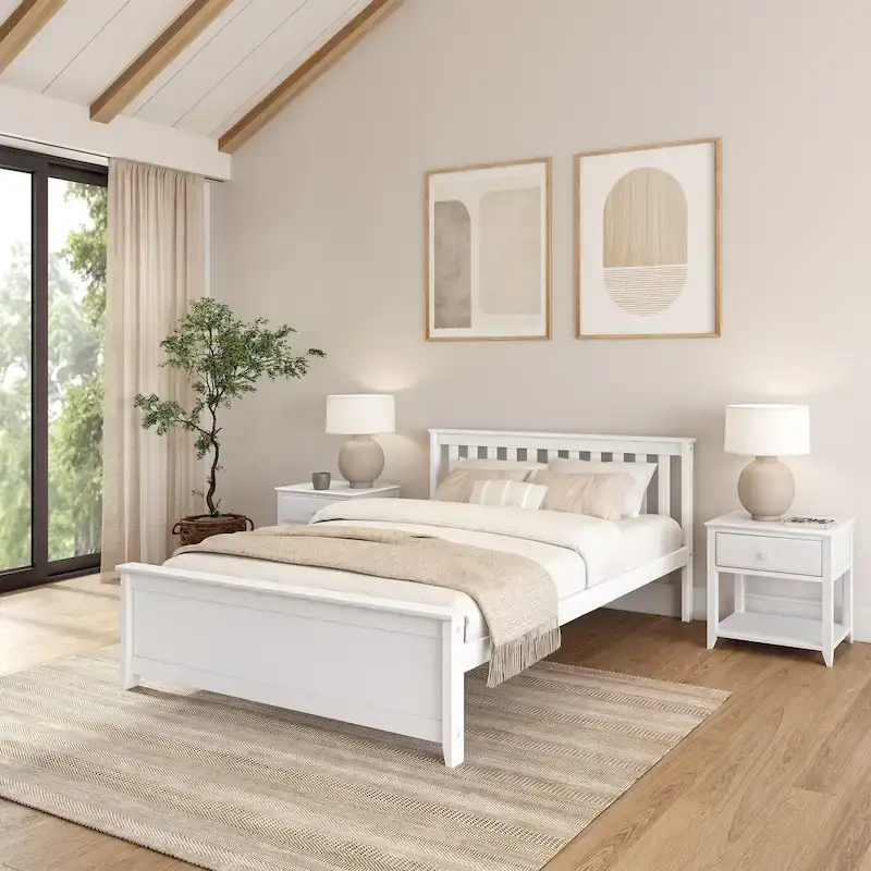 Solid Pine Queen Platform Bed – White / Pecan / Walnut, Modern Style, Single