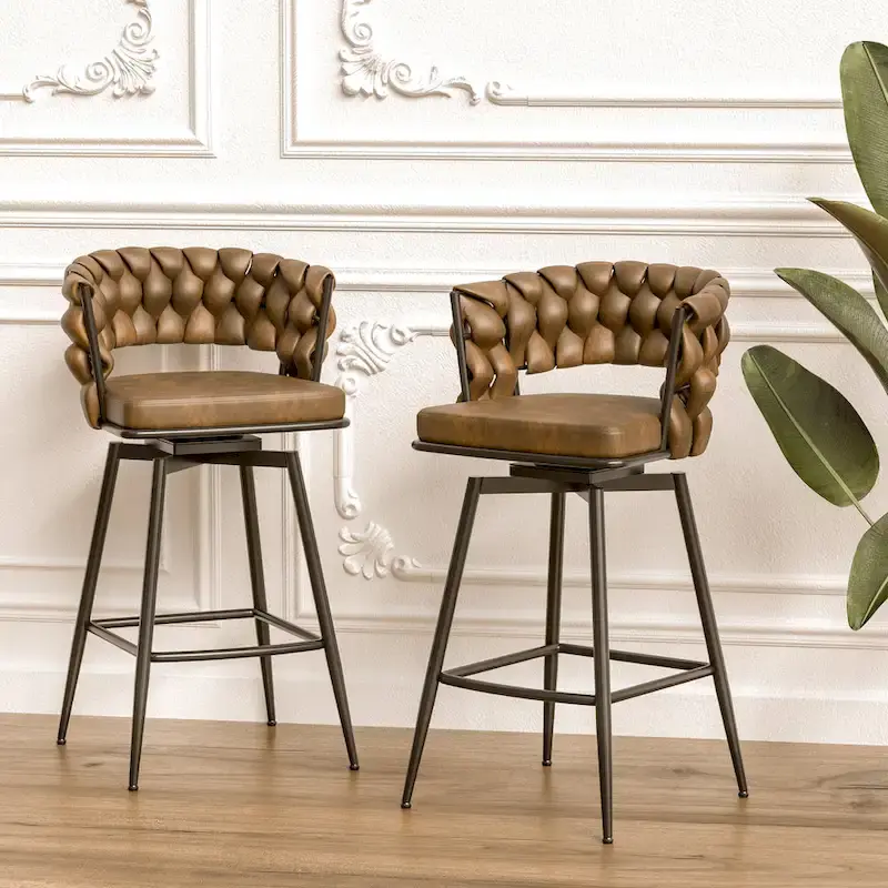 Counter Height Bar Stools Set of 2, Swivel Bar Stools with Woven Back, Kitchen Island Chairs with Footrest and Metal Frame