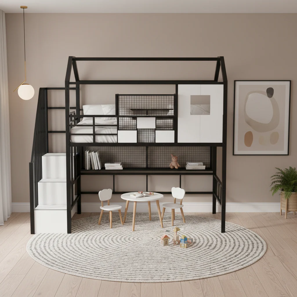 Black / Pink Metal Twin Loft Bed with Roof Design, Integrated Ladder, Guardrails and Storage Box – 1-Person