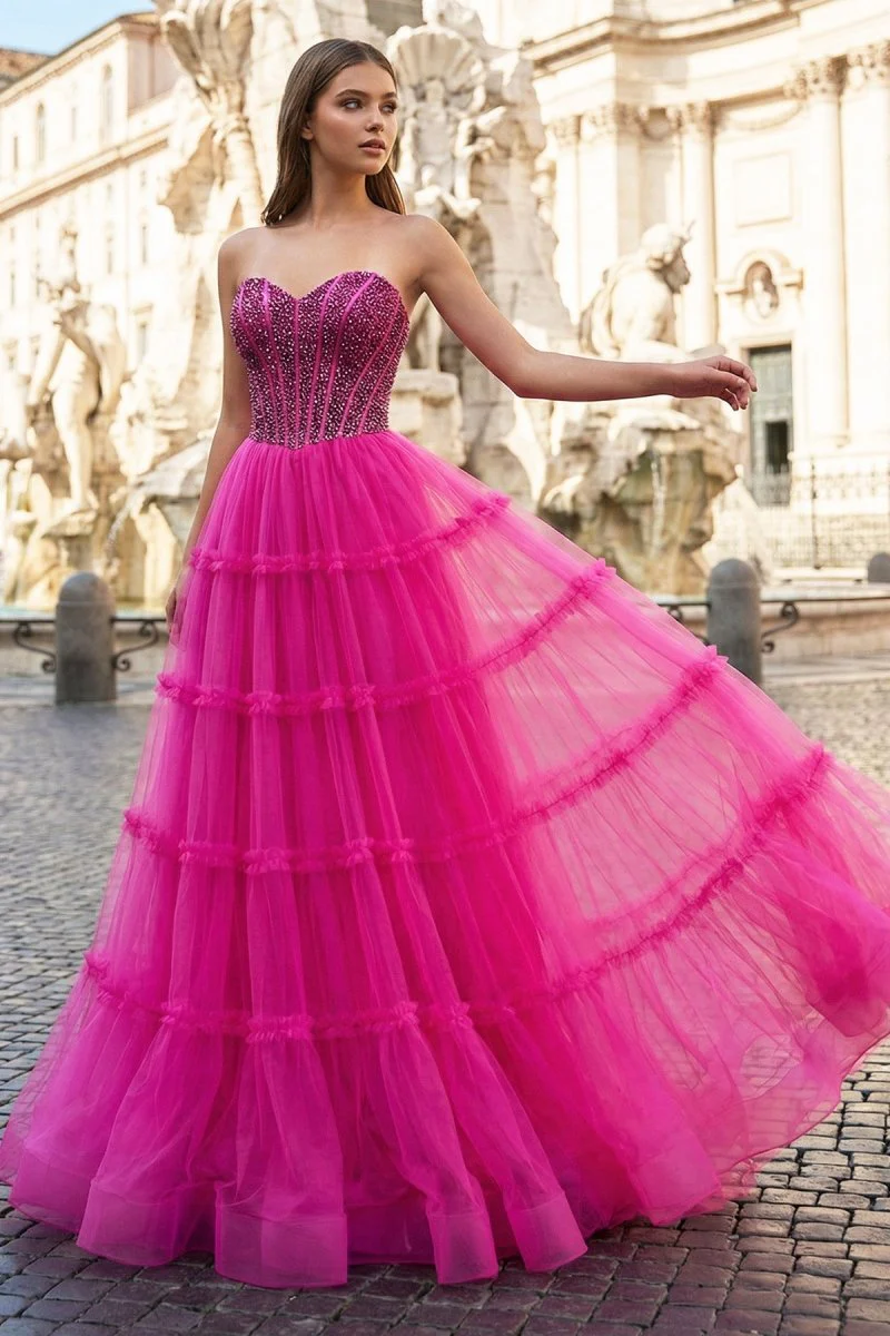 Sweetheart Fuchsia Beaded Ruffles Tulle Prom Dress