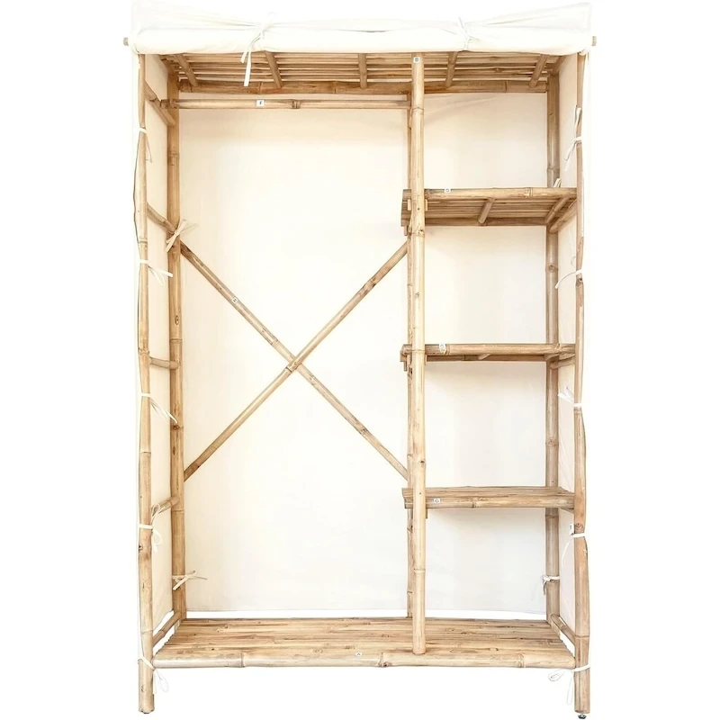 Bamboo Wardrobe Closet Organizer with Shelves and Fabric Cover