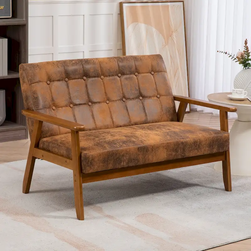 HOMEFUN Mid-Century Linen/PU Upholstered Wood Frame Tufted Loveseat Sofa