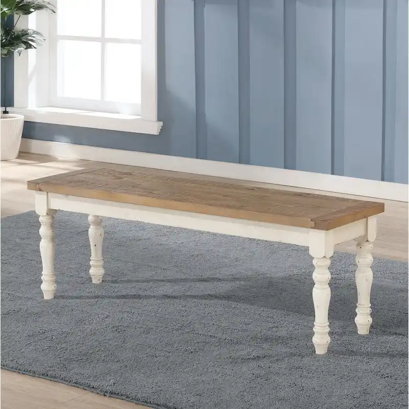 Antique White and Distressed Oak Solid Wood Dining Bench