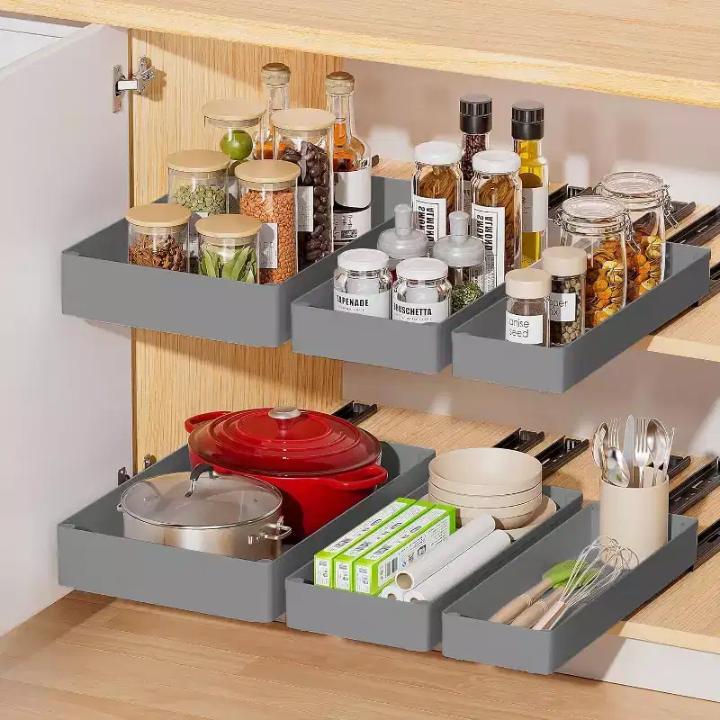 Expandable Pull Out Cabinet Organizer, 15.75'' Heavy Duty Peel and Stick Roll Out Drawer for Pots and Pans Adjustable Adhesive No Drill Screw Gray