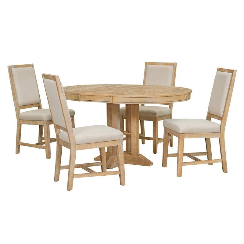 5-Piece Dining Set Extendable Round Table and 4 Upholstered Chairs Farmhouse Dining Set