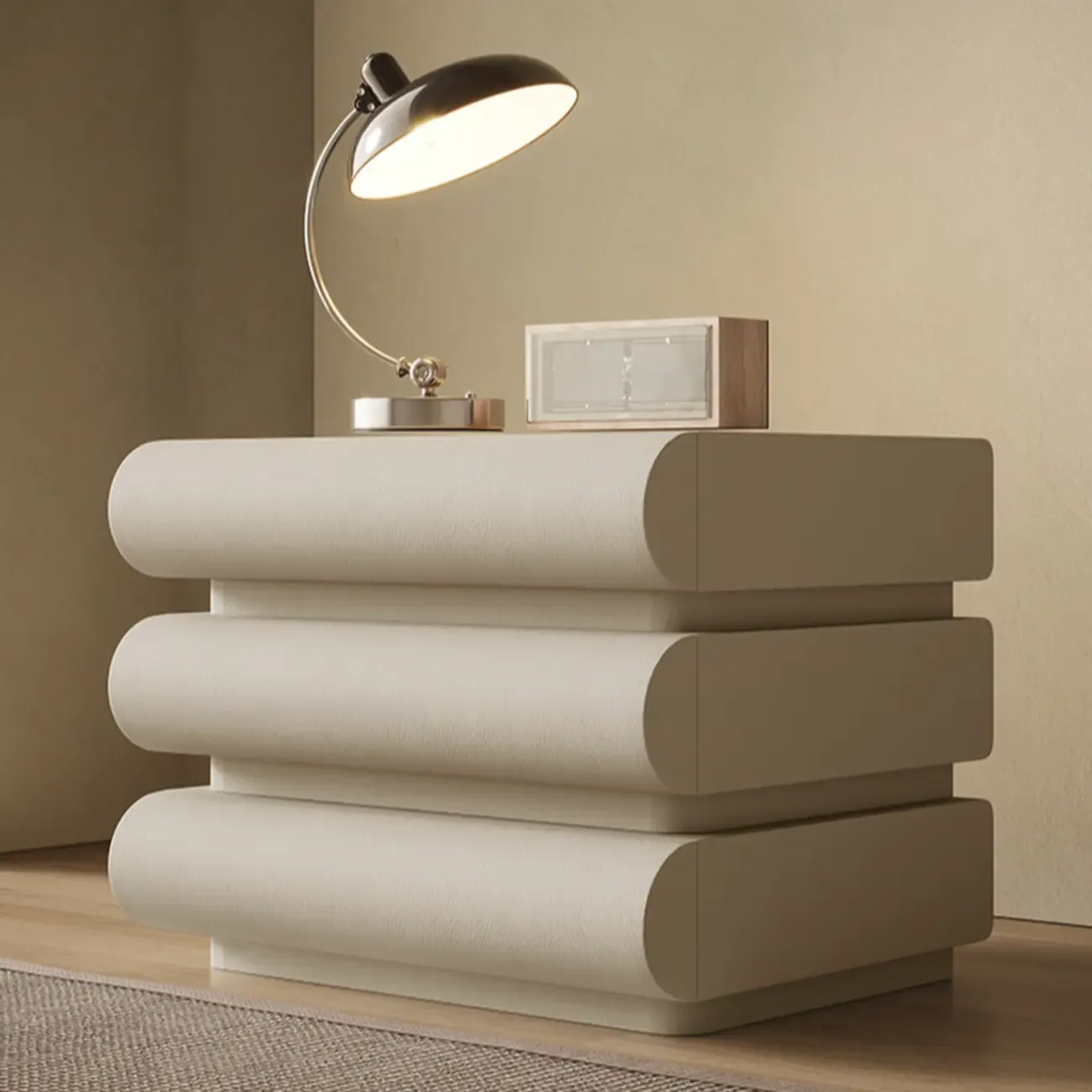 Modern Bedside Table with 3 Drawers in Off-White