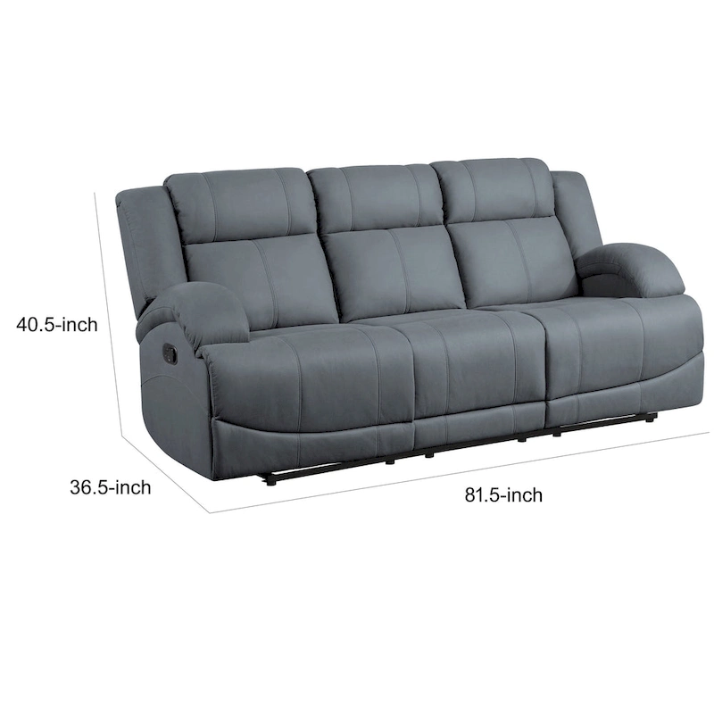 Kate 82 Inch Double Manual Recliner Sofa, Blue Microfiber, Solid Wood