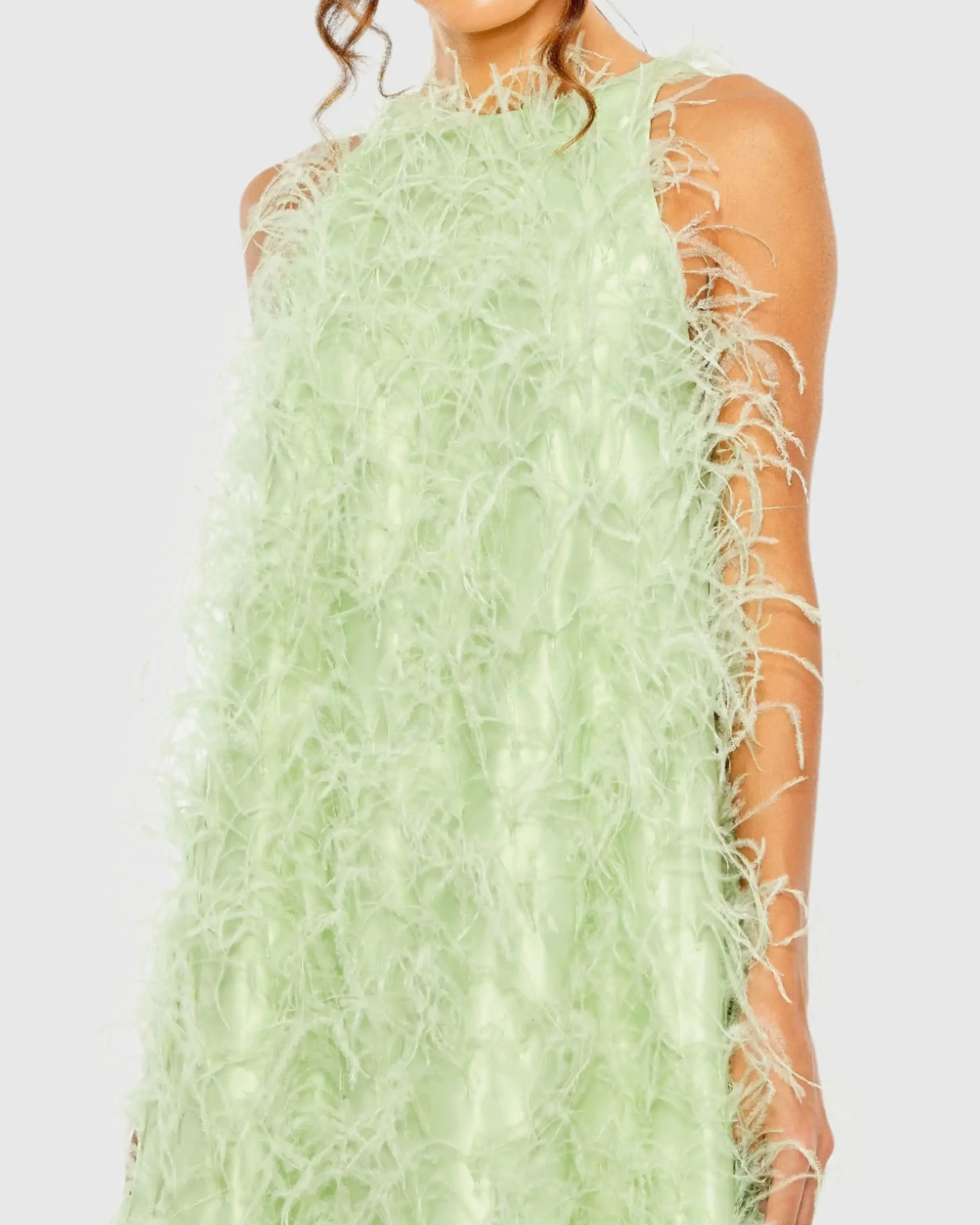 Green Sleeveless Feather Embellished Trapeze Gown