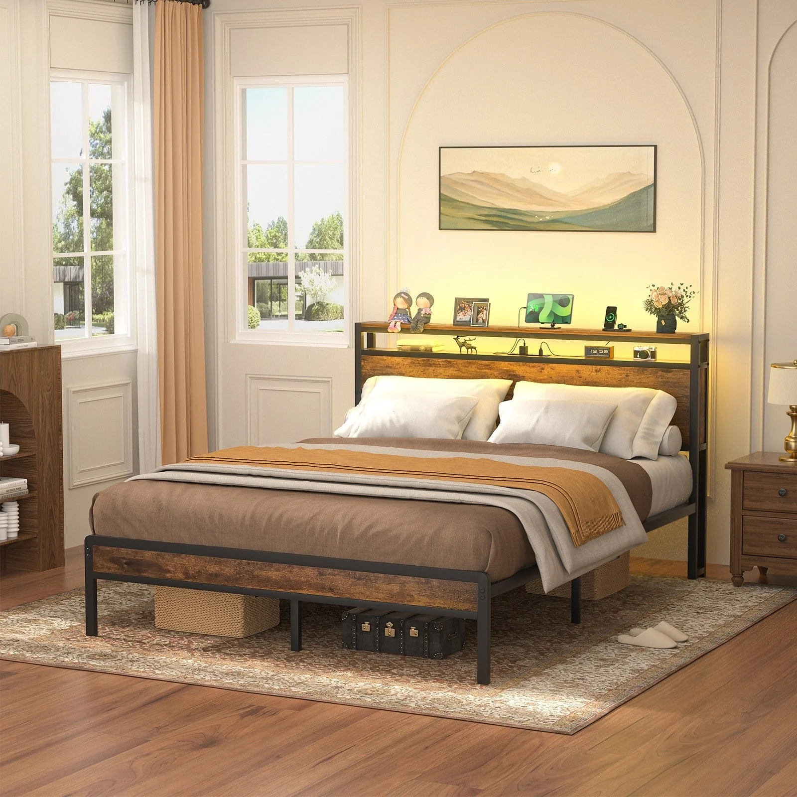 Farmhouse Wood Platform Bed Frame with Charged Station and LED Lights