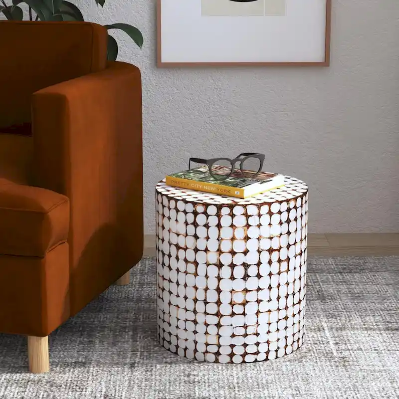 White / Green / Brown Round Coconut Shell Mosaic Accent Table, 1-Person