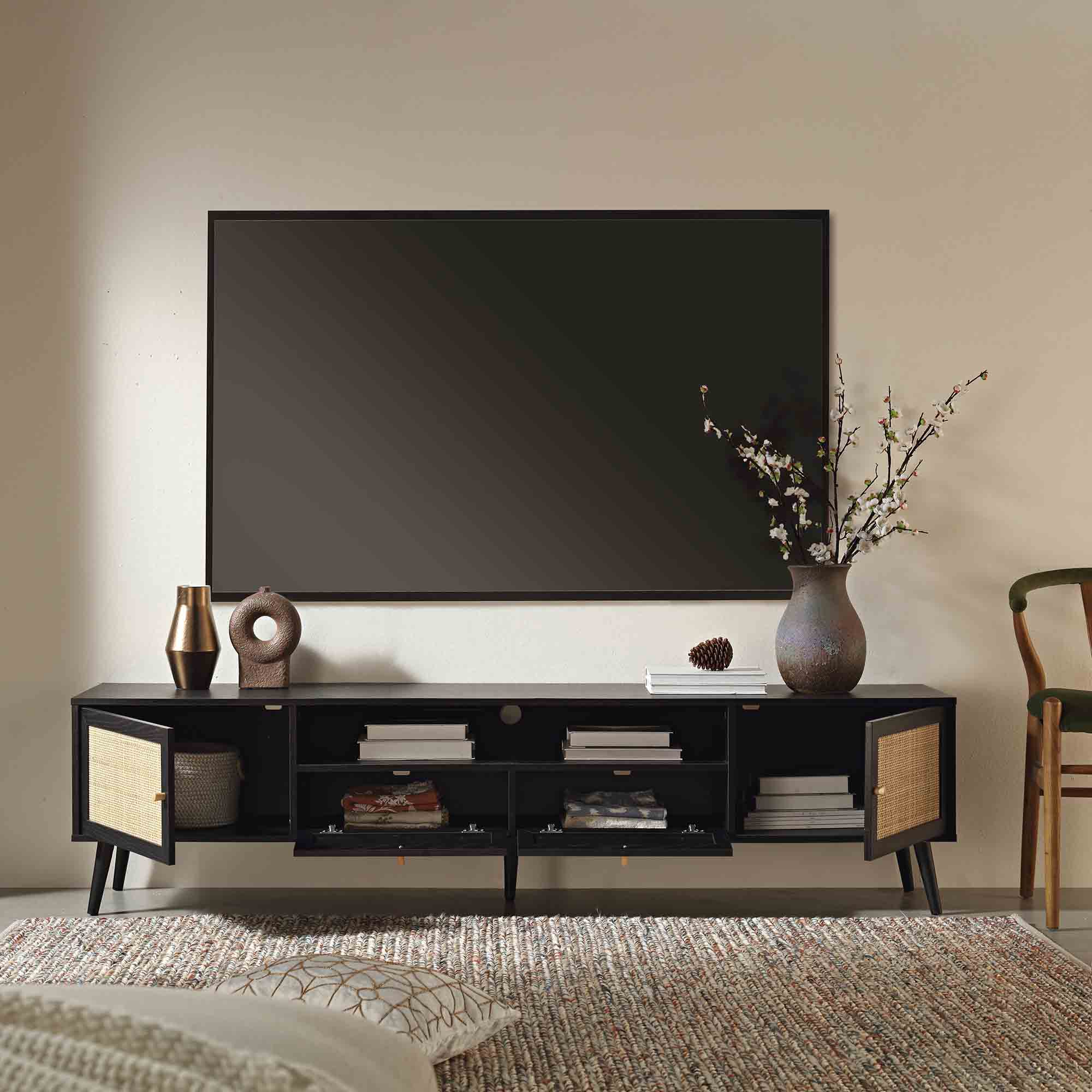 Woven Rattan 79in. Wide TV Unit, Black