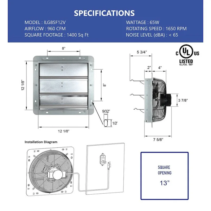 iLIVING 12 Inch Variable Speed Shutter Exhaust Fan (Wall-Mounted)