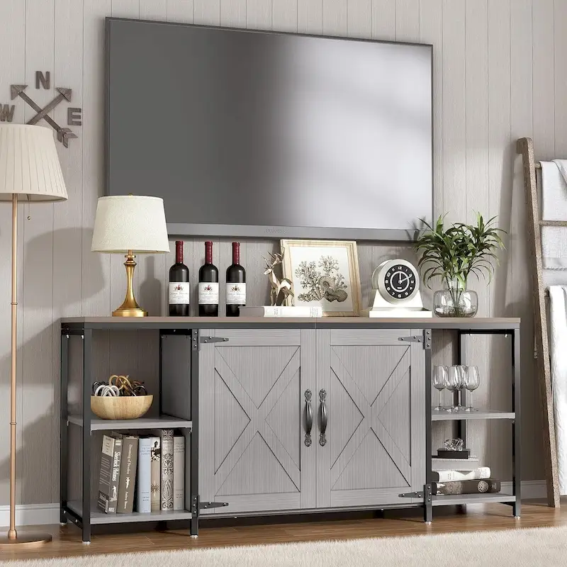 58 Inch Farmhouse TV Stand for up to 65 TV with Doors and Open Shelves