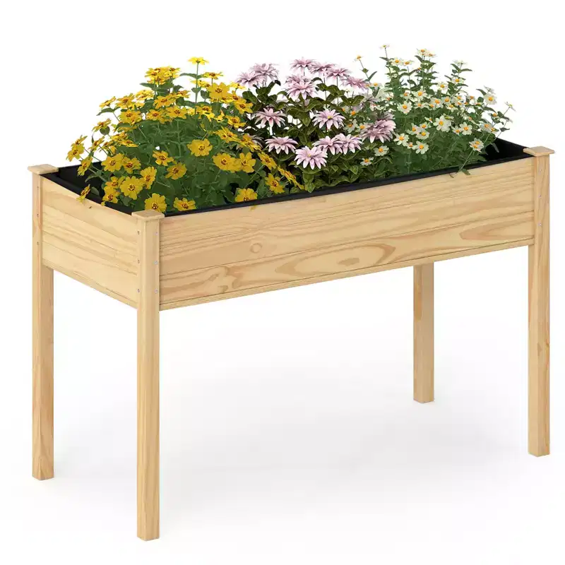 Costway 1/2 PCS Wooden Raised Garden Bed w/Legs Liner Drainage Holes Large Planter Box for Herb