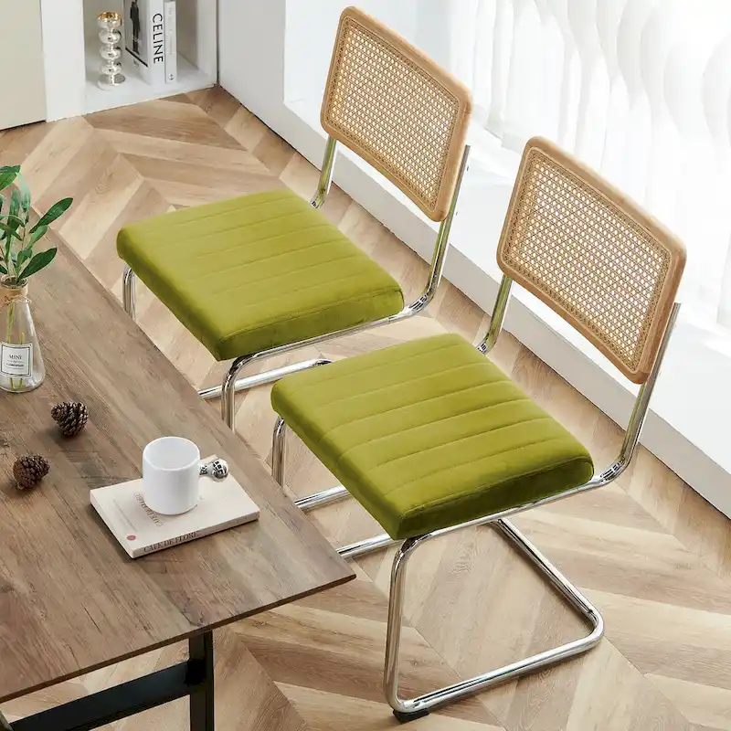 Velvet Upholstered Rattan Dining Chairs Set of 2/4