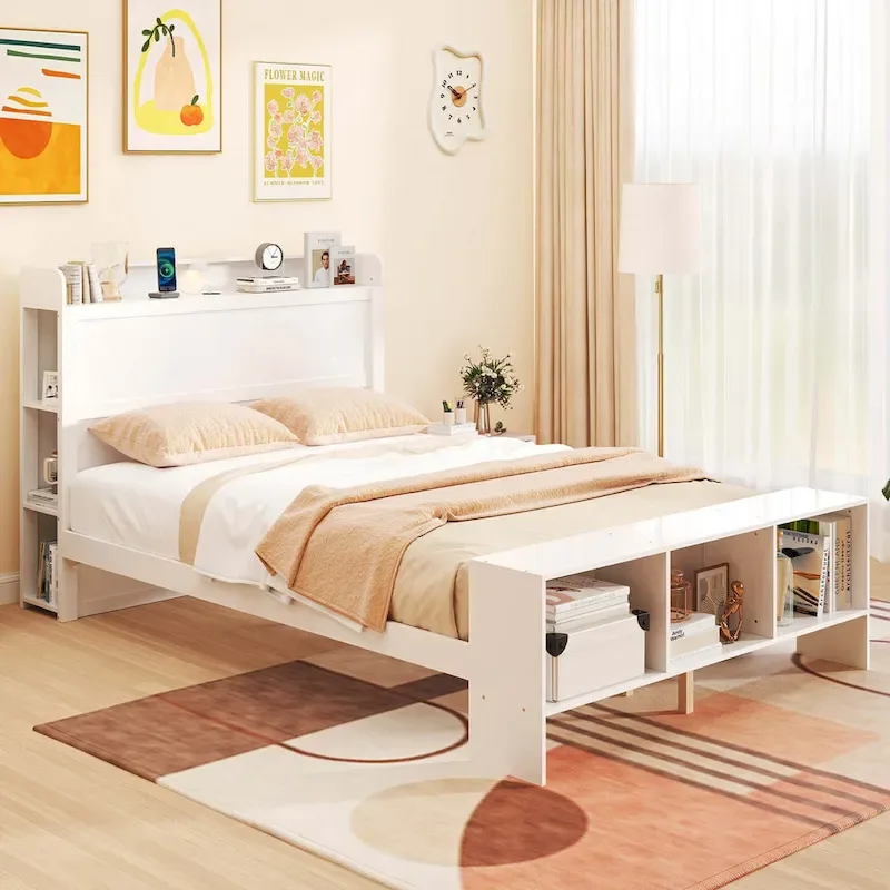 White LED Bed Frame with Storage Headboard & Footboard – Twin/Full, 1-Person