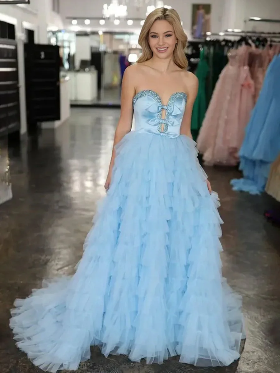 Black Strapless Bow Ruffle Long Prom Dress with Slit