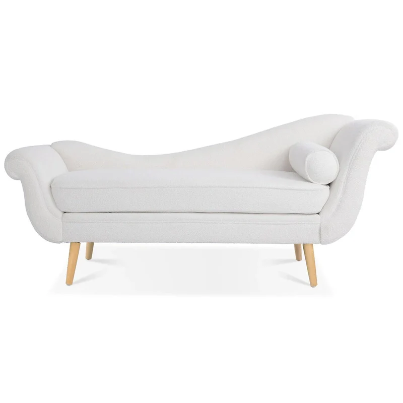 Upholstered Chaise Lounge with Scroll Arms, Accent Pillow & Solid Wood Legs