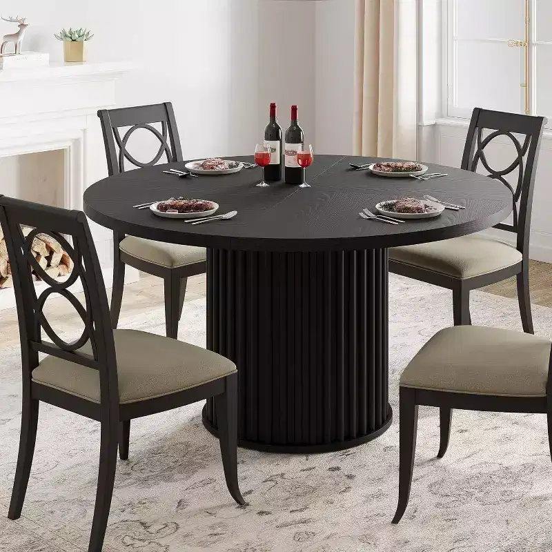 47Inch Industrial Round Dining Table for 4-6 People, Dining Room Table with Sturdy Waveform Metal Pedestal Base, for Dining Room, Kitchen