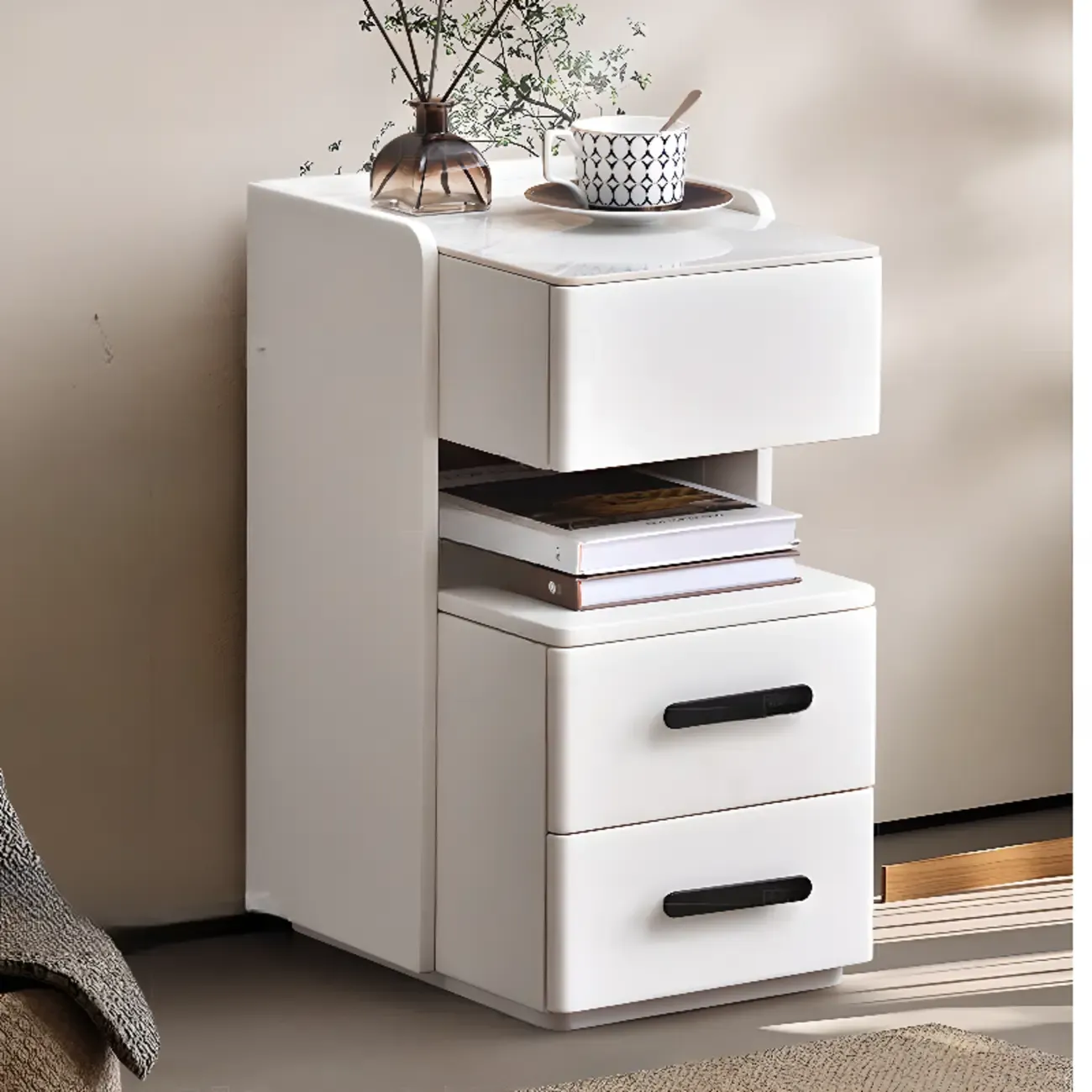 Compact Stone-Top Wooden 4-Tier White Nightstand