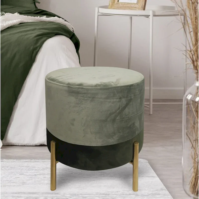 Grey Round Velvet Stool Ottoman with Metal Legs, Single Seat