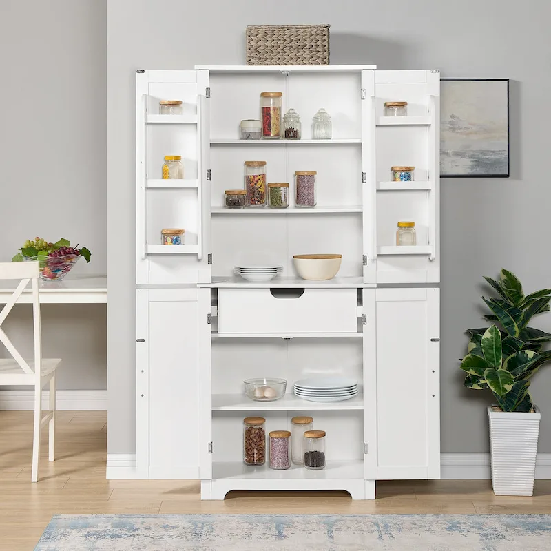 White Wood Finish Bathroom Storage Cabinet with Open Shelves & Drawers – Single