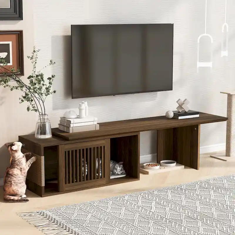 Expandable TV Stand, Fits TVs up to 85 in, Sliding Louvered Door, Cat Cushion & Sisal Scratcher, MDF, Storage Cabinets with Shelves, Brown, 1-Person Use