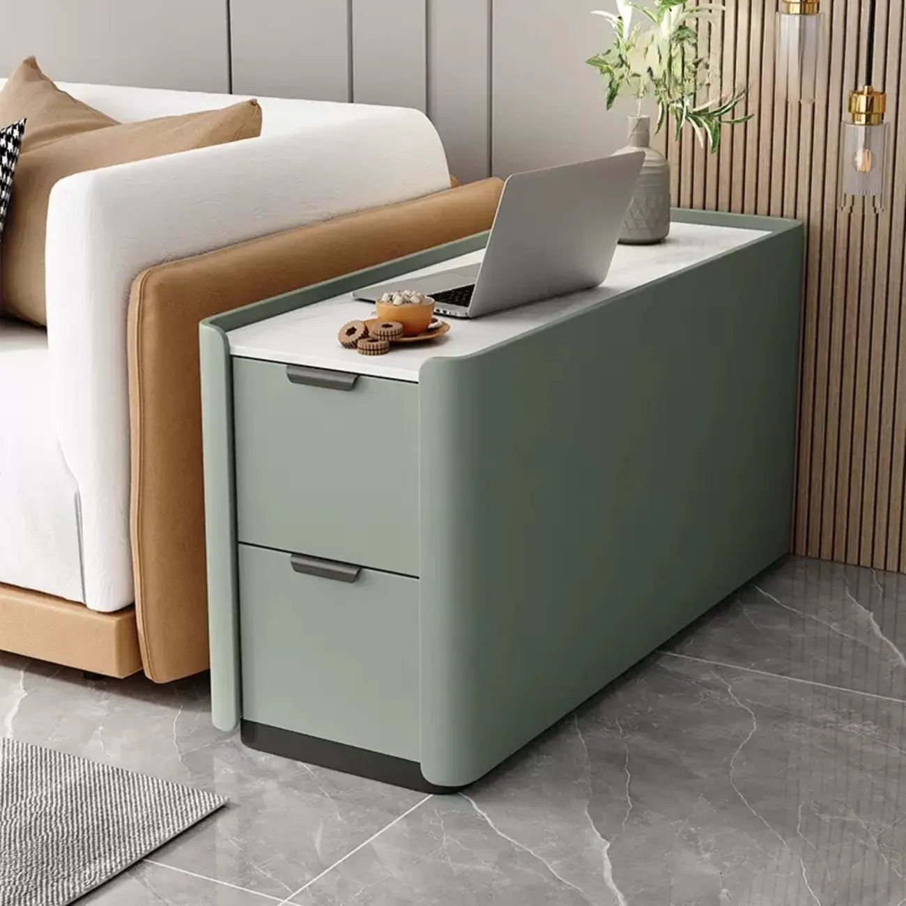 Compact Khaki Stone Top 2-Drawer Wood Block Side Table