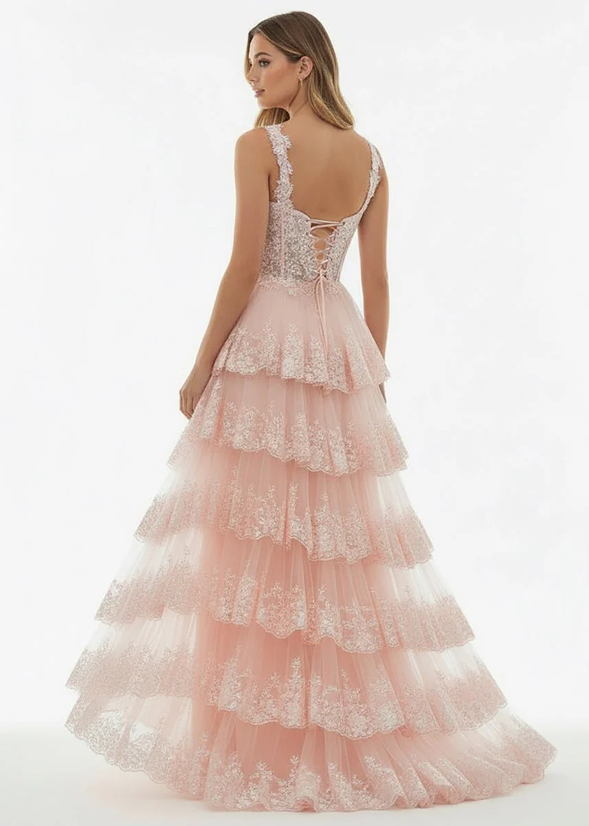 A-Line Lace Off-the-Shoulder Tiered Long Prom Dress with Slit