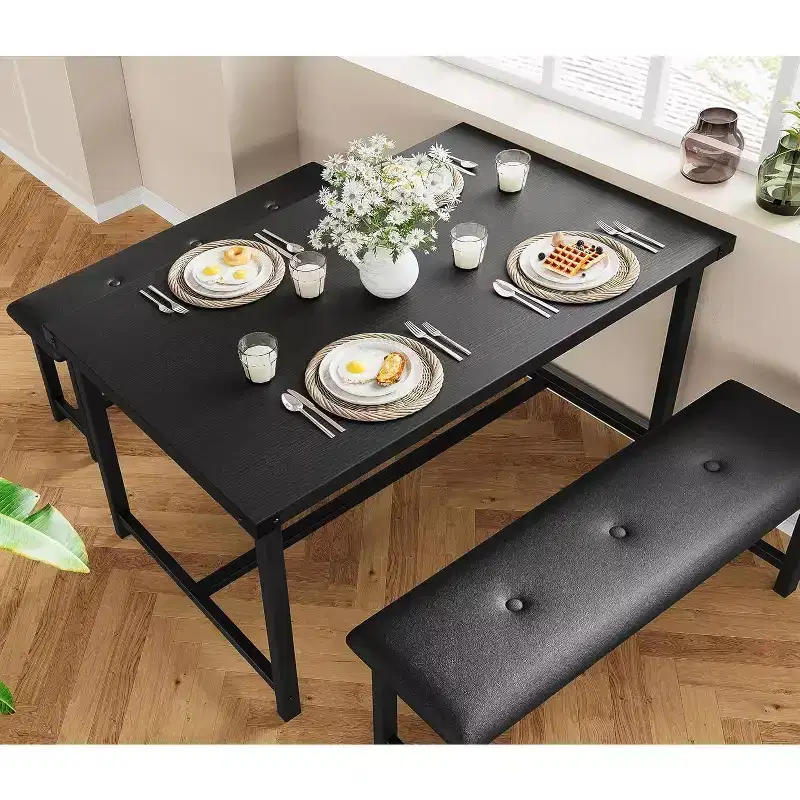 Acekool Dining Table Set with 2 Upholstered Benches, Space-Saving Table for Apartment or Dining Room