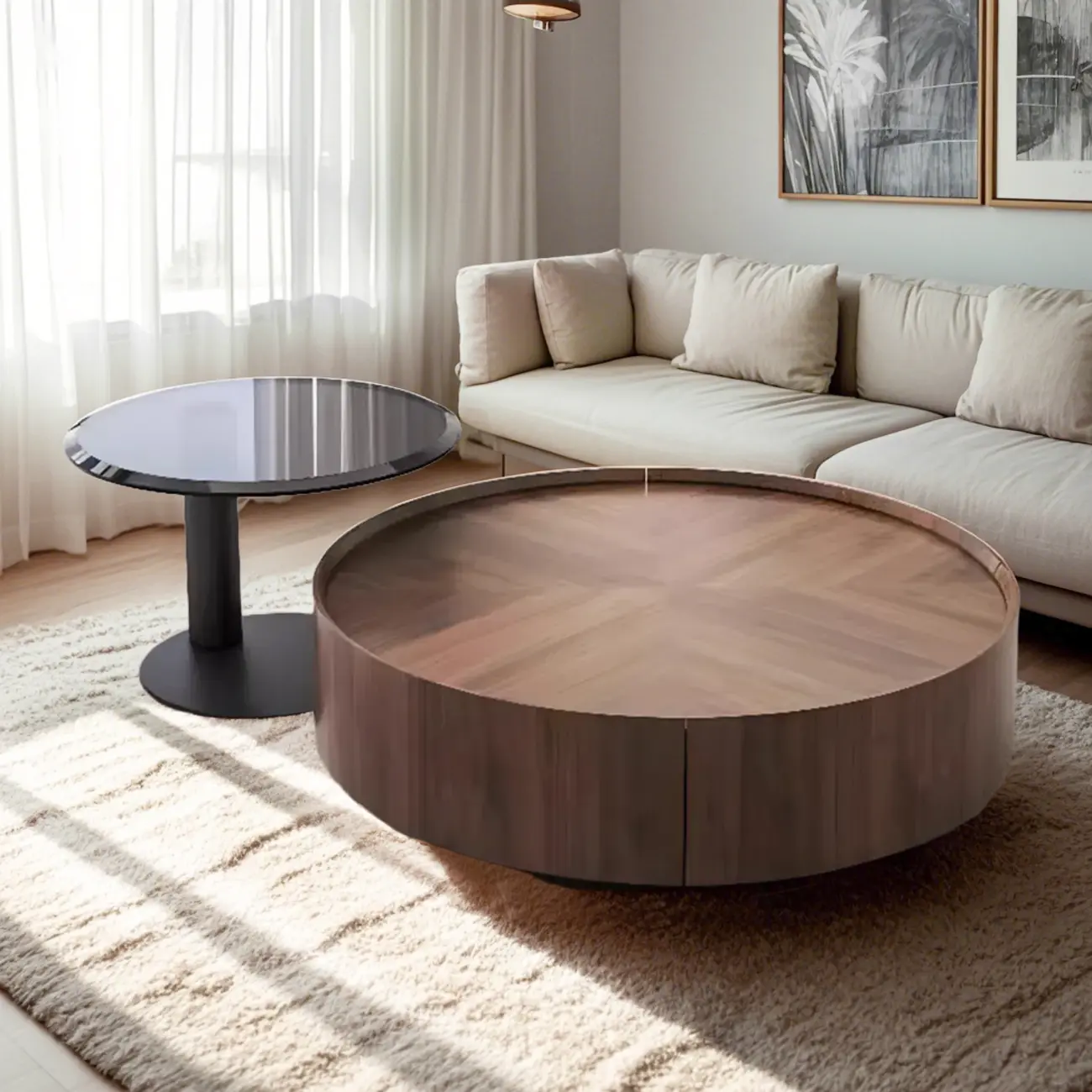 2 Drawers Round Reclaimed Wood Nesting Pallet Coffee Table