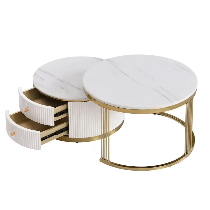 2 Pieces White Round Nesting Coffee Table with Drawers