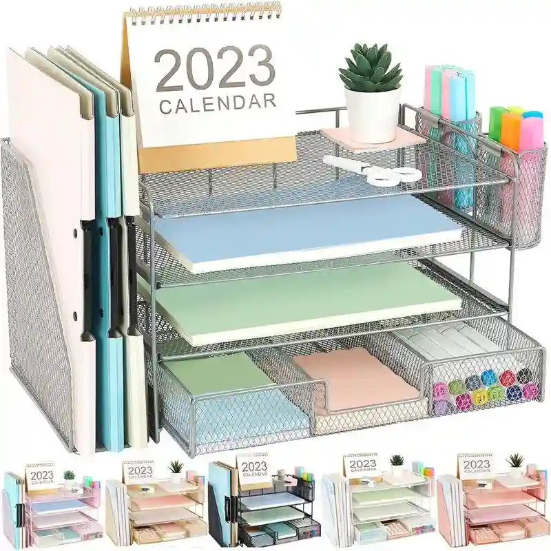 Metal Mesh Desk Organizer, Gold/White/Black/Pink/Grey, 4-Tier, Single
