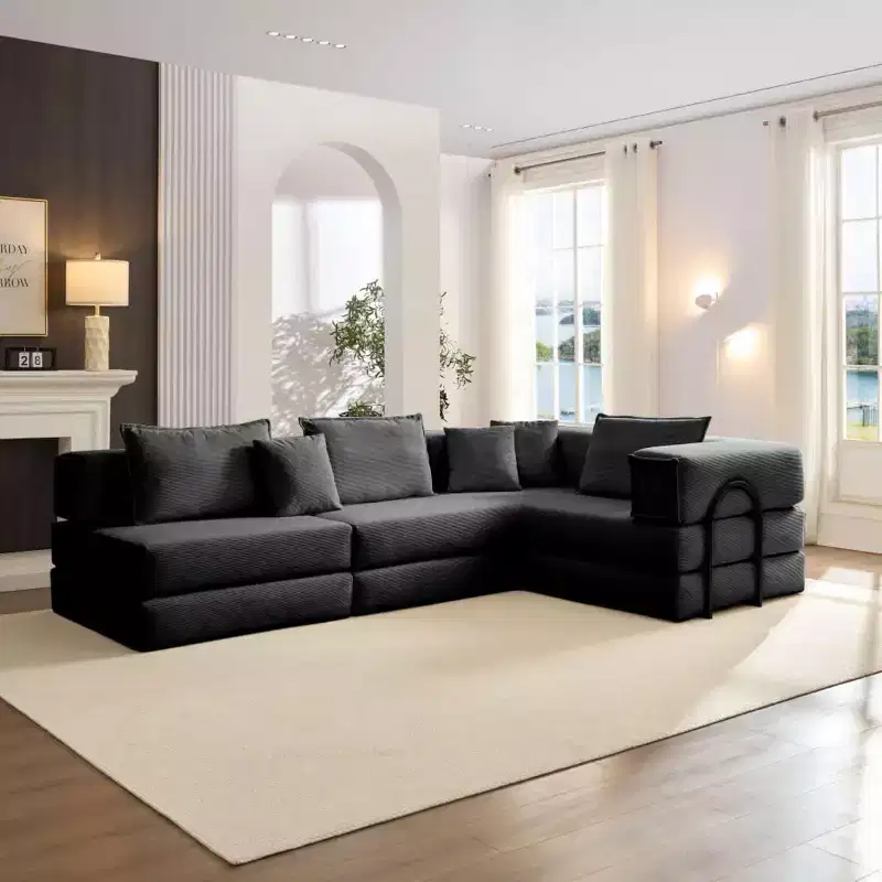 MooxvMoo 118.2 Modular L-Shaped Sectional Sofa Set, 118.2 Inch Oversized Couch with 6 Pillows, Upholstered Floor Sofa, Black