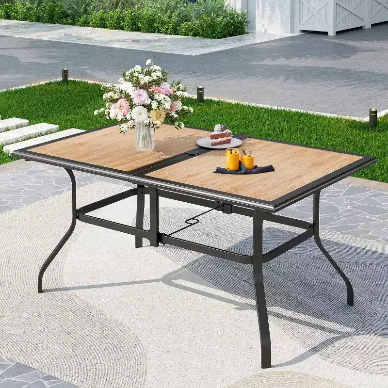 7pc Patio Dining Set with Faux Wood/Steel Table with Umbrella Hole & Sling Arm Chairs - Captiva Designs