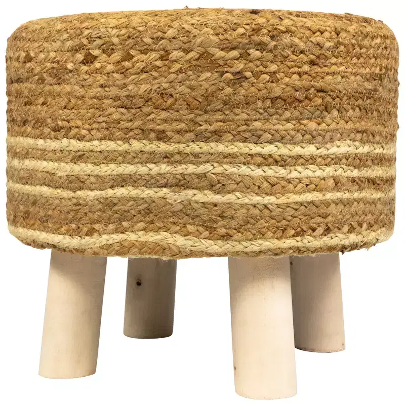 Northlight 15 Beige Braided Jute and Wood Handmade Three Legged Foot Stool
