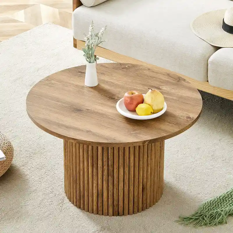 Walnut Round Coffee Table with Cylindrical Carved Legs & Concealed Storage, Modern Style, 1-Person