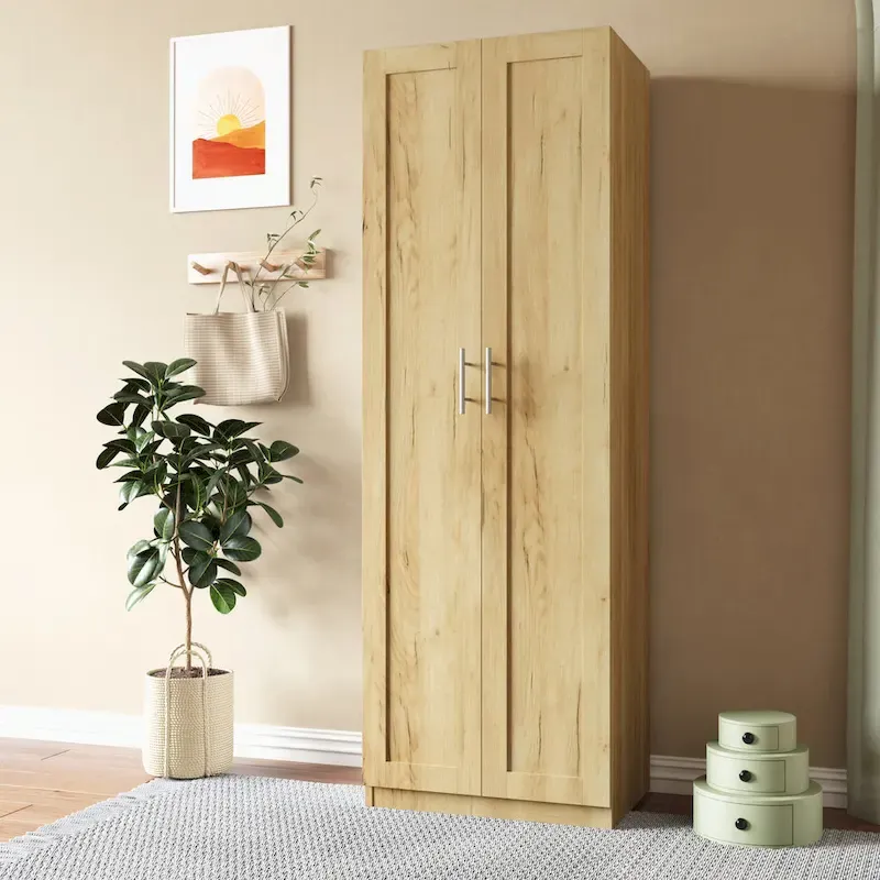 Walnut/Oak/White 2-Door Wardrobe with 3 Shelves