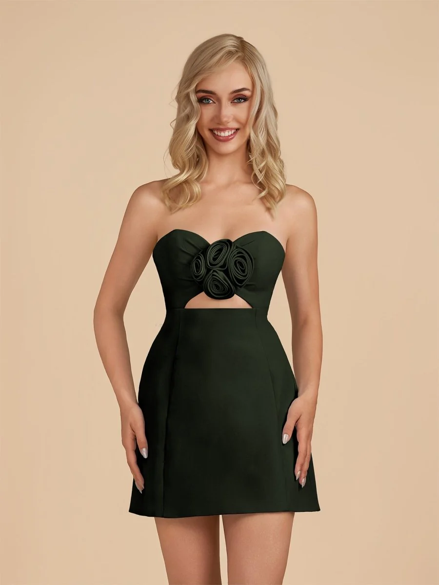 Dark Green - Sheath Strapless Flowers Cutout Short Homecoming Dresses