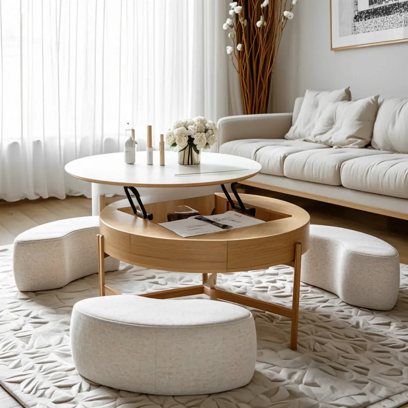 Natural Round Lift-Top Stone Wood Coffee Table with Storage