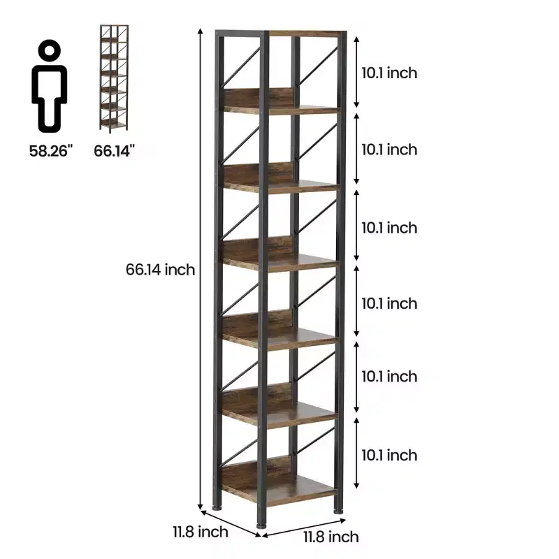 COZONY Narrow 6 Tier Bookshelf, Tall Skinny Bookcase Rustic Metal Frame Display Stand for Corner Bedroom Office