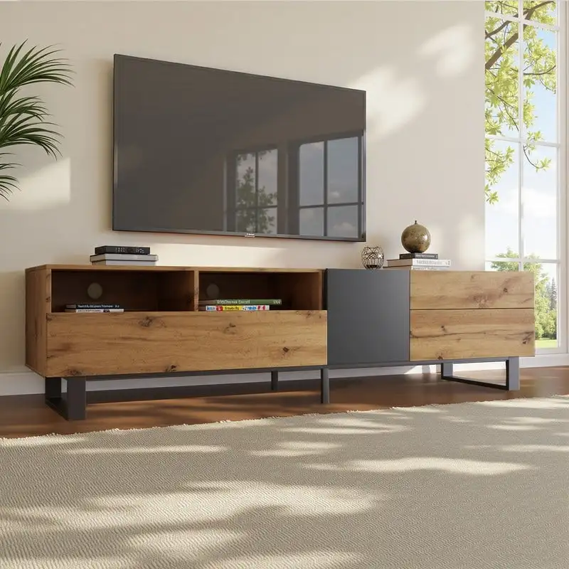 70-Inch TV Stand with Drop-Down Doors, Drawers, and Open Shelving