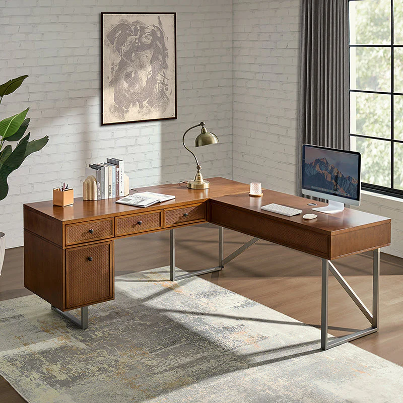 L-Shaped Lift-Top Office Desk with Rattan File Drawer, 4 Drawers & Cable Management | Walnut / Acorn | Single