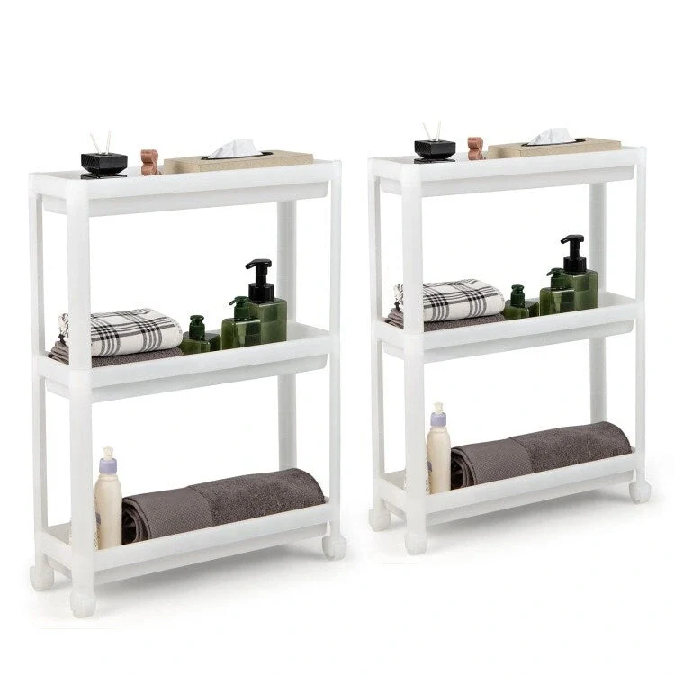 2 Pieces 3-Tier Slim Detachable Storage Cart with Drainage Holes and Wheels-White - 20.8 x 6.8 x 27.5